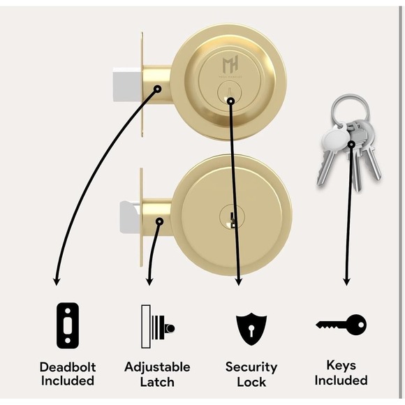 Mega Handles Buena Entry Combo Satin Brass Door Knob Deadbolt Lock Set Keys - Picture 6 of 13